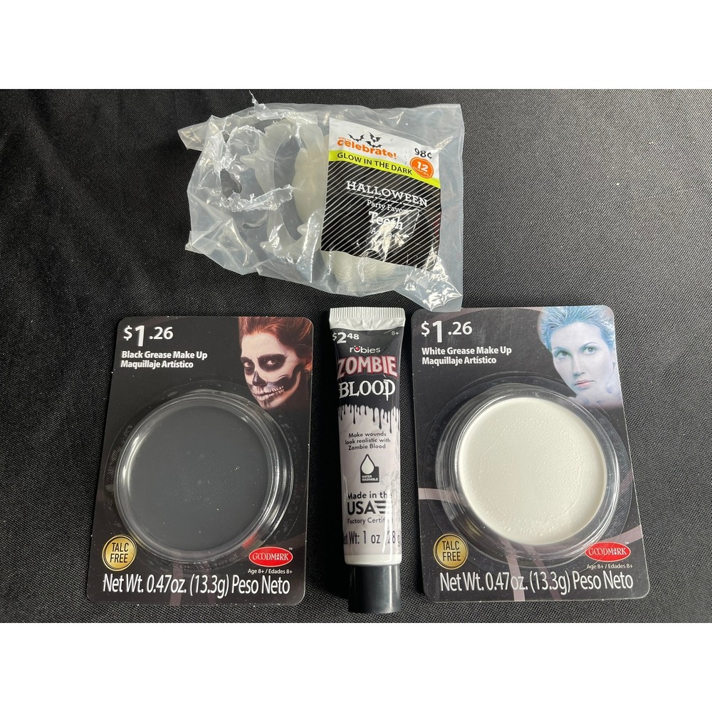 Halloween Makeup Bundle Goodmark Black White Grease Paint Rubies Zombie Teeth
